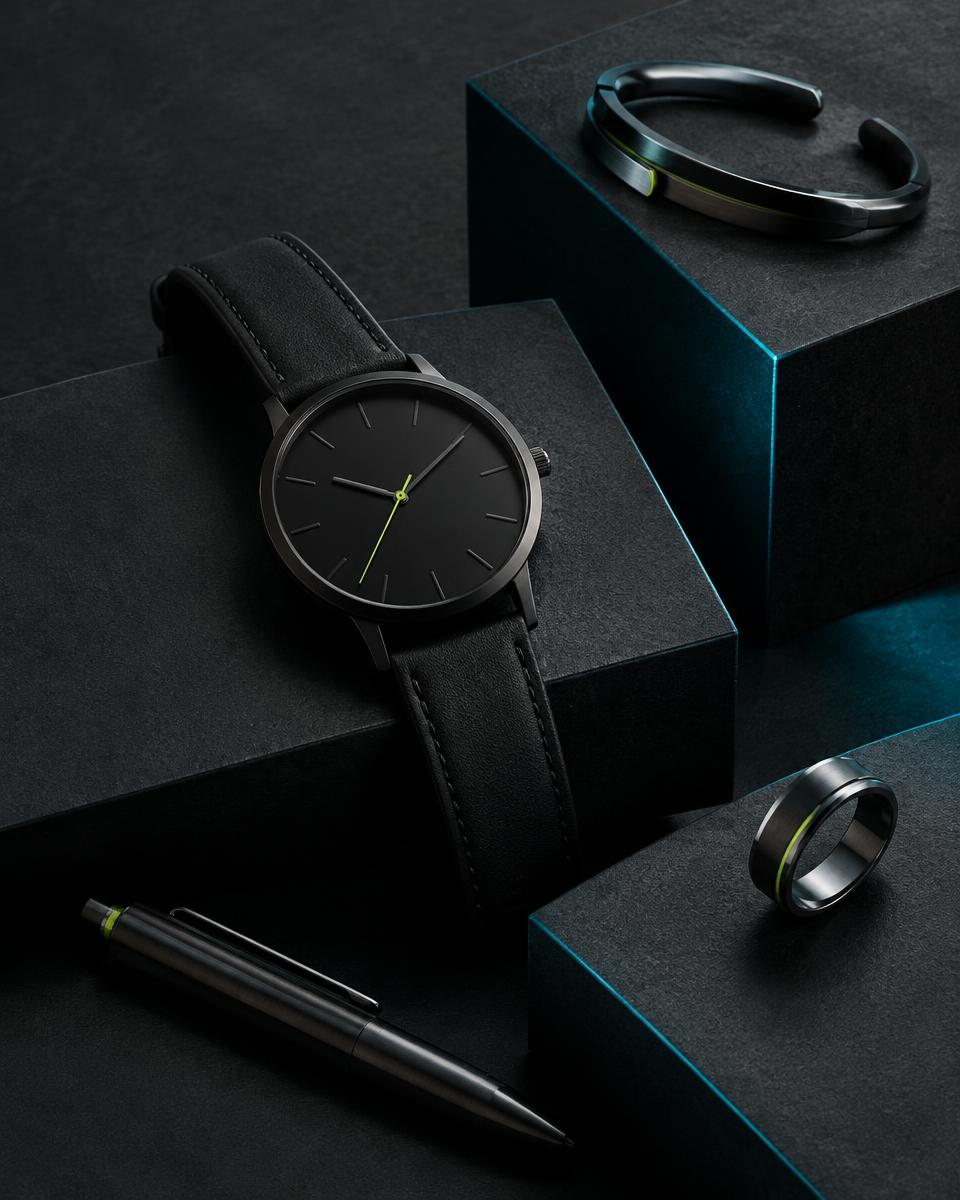 Montre et accessoires présentés sur des socles sombres
